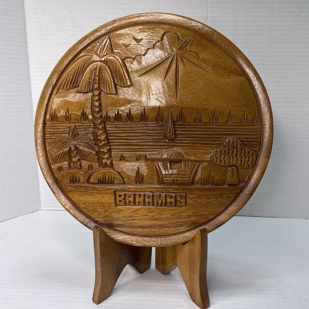 Vintage Bahamas Carved Wood Souvenir 10" Decorative Plate With Stand Beach Scene